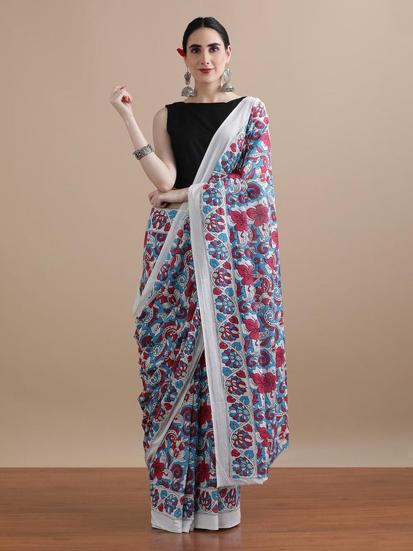 Aryahi Bagru Cotton Mulmul Saree - Ivory Pink