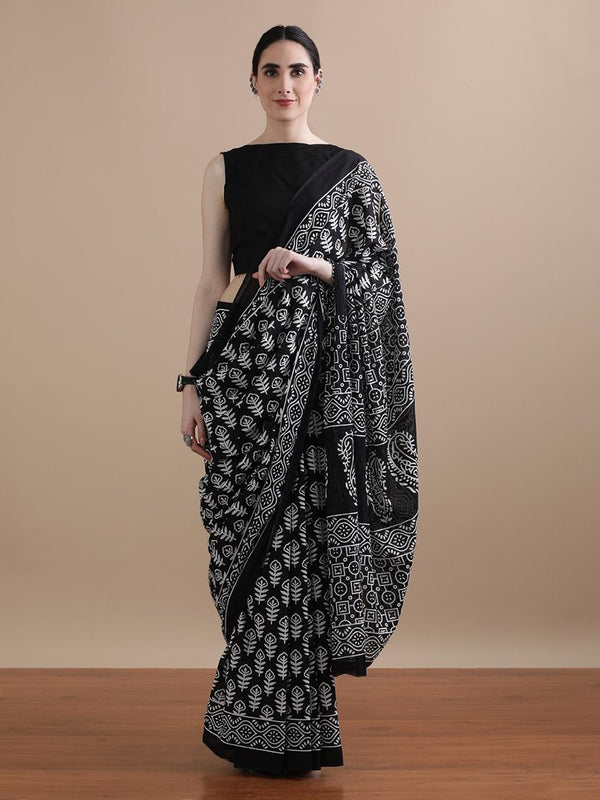 Aryahi Bagru Cotton Mulmul Saree - White Black Print