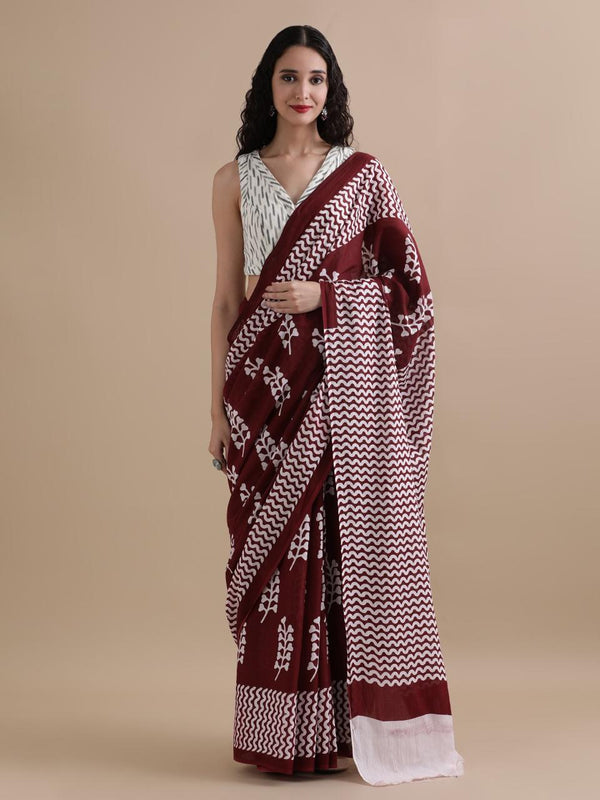 Aryahi Bagru Cotton Mulmul Saree - Royal Purple
