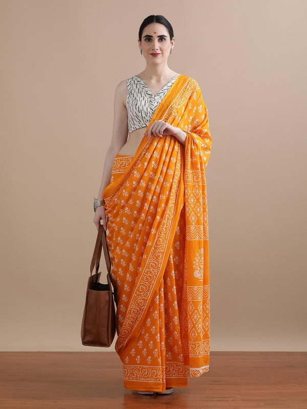 Aryahi Bagru Cotton Mulmul Saree - Mustard Yellow