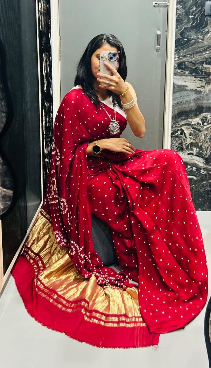 Aryahi Gaji Silk Original Bandhani (Ruby Red)